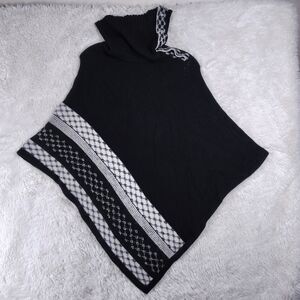 White House Black Market Knit Poncho M Cowl Neck Black Gray Fair Isle Alpaca